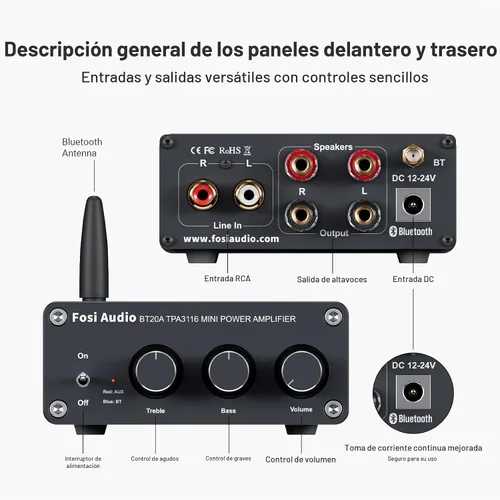 Vista 2 de Fosi Audio BT20A - Amplificador estéreo Bluetooth, amplificadores de componentes de audio para el hogar de 2 canales para altavoces pasivos, mini