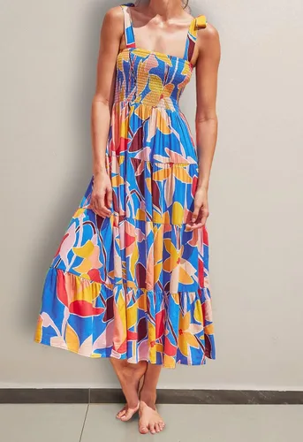 Vista 2 de Vestido largo de verano para mujer, estilo bohemio, con tirantes delgados, cuello cuadrado, con volantes, casual, para playa, fiesta