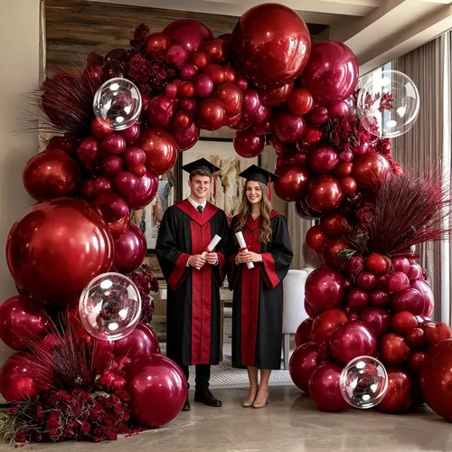 Vista 5 de Kit de guirnalda de globos rojos de doble relleno, color rojo rubí burdeos, arco de globos transparentes para cumpleaños, boda, despedida