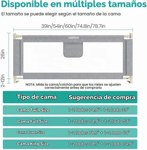 Vista 3 de Barandilla de cama para niños pequeños, protector de cama de 59