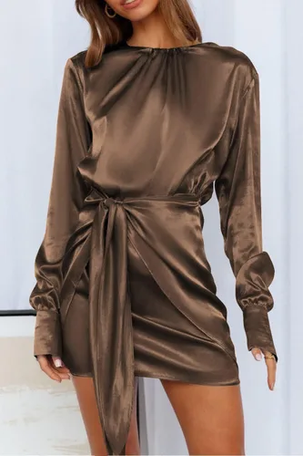 Vista 2 de PRETTYGARDEN Vestido de satén de primavera 2023 para mujer, de manga larga, con lazo en la cintura, elegante, para cóctel, fiesta