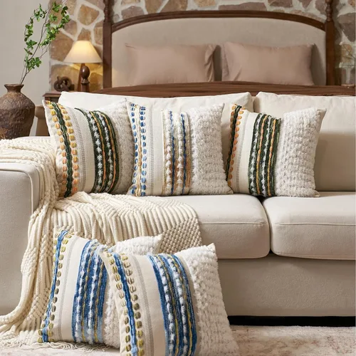 Vista 7 de Aeckself Fundas de almohada bohemias de chenilla con borlas tuftadas de 18x18 pulgadas, juego de 2, fundas decorativas rústicas a rayas cuadradas