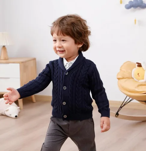 Vista 2 de Feidoog Cárdigan de ganchillo para bebés y niños, cuello en V, suéter de punto con botones para niños pequeños