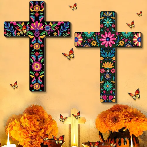 Vista 9 de Pinkunn 2 piezas de decoración de pared con cruz floral mexicana, arte de pared mexicano pintado a mano, decorativo, inspirador, cruz floral