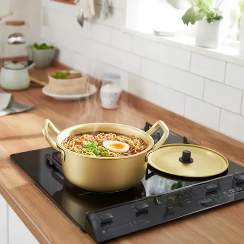 Vista 3 de Olla de fideos ramen coreanos, utensilios de cocina de fideos ramen, aluminio amarillo, antiadherente, tradicional coreano, cuenco de cocción rápida