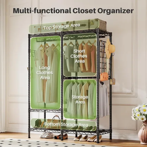Vista 3 de HOKEEPER Percheros de ropa resistentes para colgar ropa, cargas de 1100 libras con tablero de malla lateral y ganchos, armarios portátiles