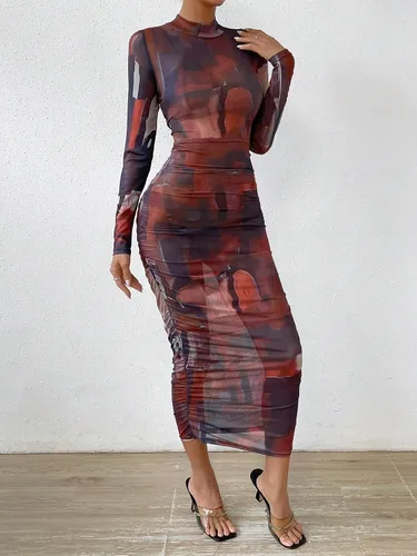 Vista 5 de Floerns Vestido largo ajustado de manga larga con cuello alto falso para mujer