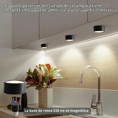 Vista 5 de Vitnucrol Paquete de 2 bombillas magnéticas a pilas con control remoto, luces LED inalámbricas negras, inalámbricas, regulables, E26, atornillables