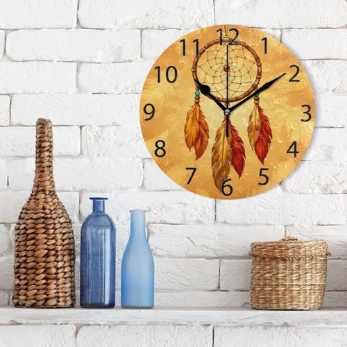 Vista 3 de ALAZA Indain - Reloj de pared redondo con atrapasueños étnico, silencioso, sin tictac, pintura al óleo, hogar, oficina, escuela, reloj decorativo