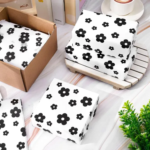 Vista 4 de Whaline 100 hojas de papel de seda bohemio con margaritas color negro y blanco, papel de regalo floral para manualidades, manualidades, flores