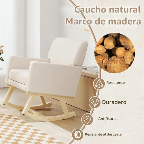 Vista 5 de Giantex Mecedora tapizada, mecedora de guardería con respaldo ampliado, funda de cojín lavable a máquina, marco de madera de goma maciza, silla