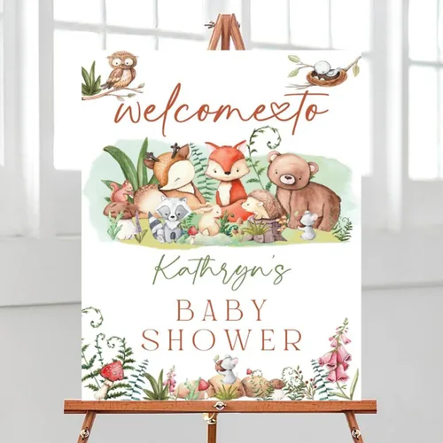 Vista 17 de Letrero de bienvenida de Woodland Baby Shower con diseño de animales del bosque Bebé #1