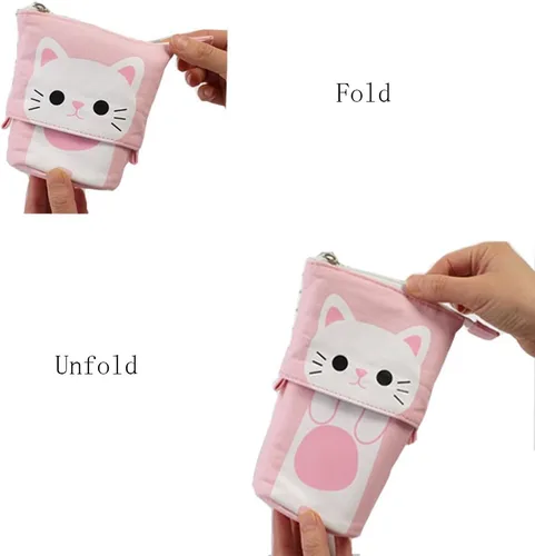 Vista 5 de iSuperb - Portalápices convertible para soporte y almacenamiento, de lona y poliuretano, con caricatura de gato adorable; cartuchera telescópica