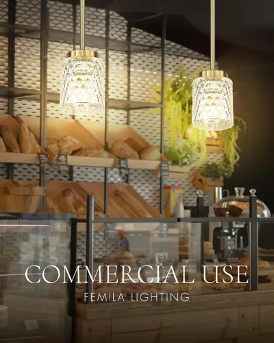 Vista 9 de FEMILA Lámpara Colgante Dorada, Accesorios de Iluminación Colgante de 4", Iluminación para Isla de Cocina, Vidrio Martilleado, Base E26, 4FY86MIL BG