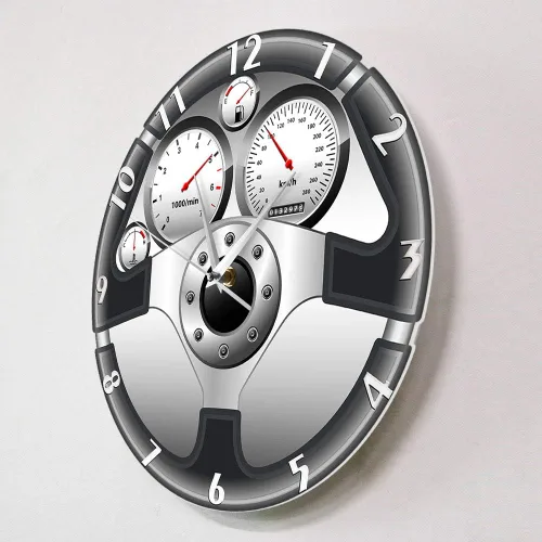 Vista 2 de The Geeky Days Reloj de pared de cuarzo silencioso con volante y tablero de instrumentos deportivo, diseño de automóvil, decoración del hogar