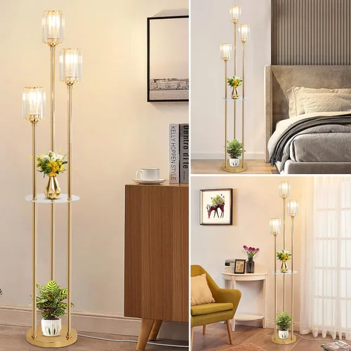Vista 7 de HMVPL Lámparas de pie doradas para sala de estar, lámpara de pie moderna con estantes, lámparas de pie de cristal con mesa, lámpara alta de latón