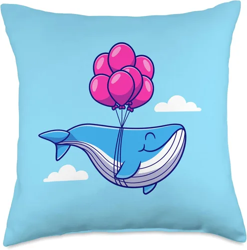 Vista 4 de Whale Floating with Balloon Ocean Cute Blue Whales Cartoon Throw Pillow