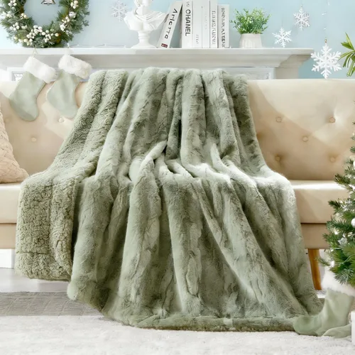 Vista 2 de COZYART Manta Sherpa de piel sintética esponjosa sin pelusa para sofá, color verde salvia, 50 x 60 pulgadas, forro polar sherpa, reversible, suave
