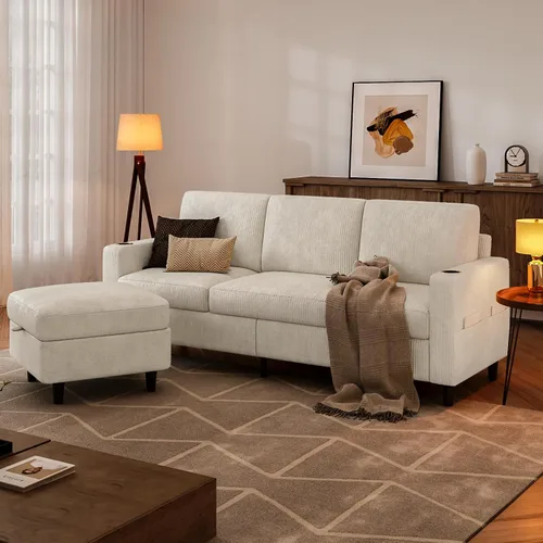 Vista 8 de Sofás seccionales convertibles para sala de estar, sofá en forma de L de 3 asientos con otomana de almacenamiento y 2 portavasos, moderno sofá