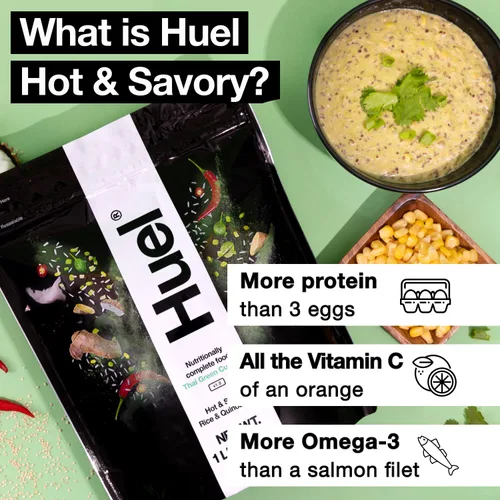 Vista 3 de Huel Sustituto instantáneo de comida caliente y salada, curry verde tailandés, 14 cucharadas empaquetadas con alimentos 100% nutricionalmente