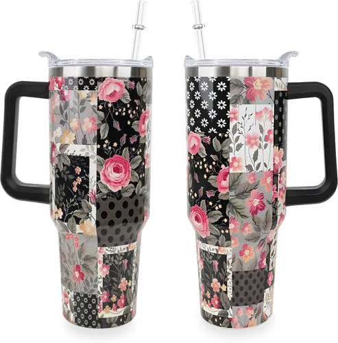 Vista 16 de Sunmdecor Vaso de 40 onzas con asa y pajitas de silicona, vaso aislado de café con asa, vaso de 40 onzas con asa