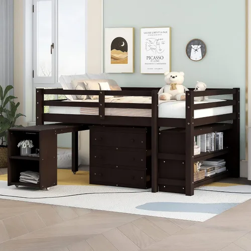 Vista 14 de Base de cama baja de madera con escritorio portátil rodante, cama alta individual con armario abierto y cajones, cama baja con estante para niños