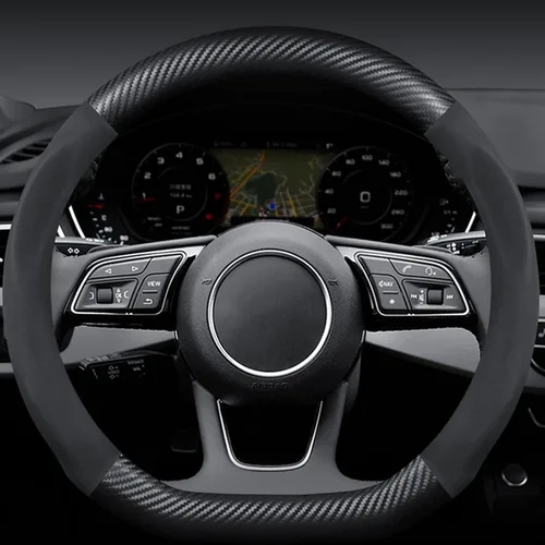 Vista 3 de Ergocar Funda para volante de cuero PU de microfibra y fibra de carbono en forma de D, protector antideslizante para volante de automóvil
