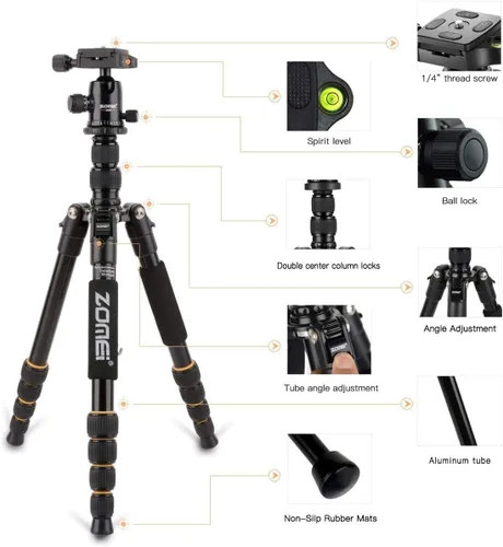 Vista 4 de ZOMEi Trípode para cámara DSLR de 62 pulgadas, peso ligero, con cabezal de bola, placa de liberación rápida y estuche de transporte