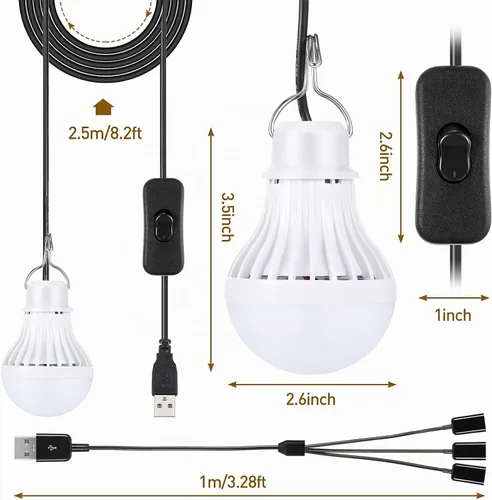 Vista 2 de Tuanse 3 bombillas LED USB, luces de campamento portátiles de 5 W con cable divisor USB de 1 a 3, cable de 8.2 pies de longitud extra para tienda