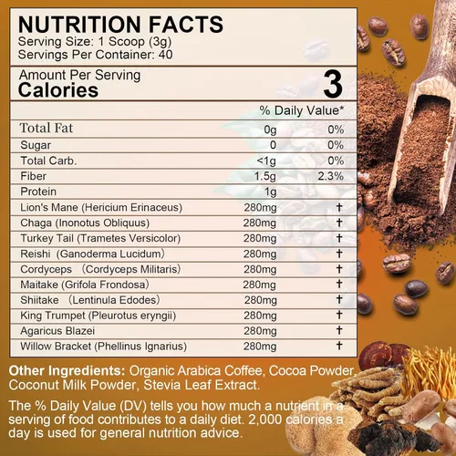 Vista 7 de Café de hongos - Café instantáneo en polvo de hongos de melena de león con melena de león, reishi, chaga, cordyceps y cola de pavo - Alternativa