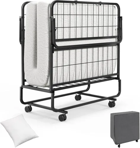 Vista 11 de GOFLAME Cama plegable con colchón de espuma viscoelástica, cama de invitados de tamaño individual con marco de metal resistente, cama plegable
