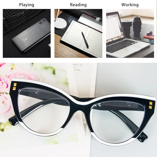 Vista 7 de Gafas de lectura de ojo de gato, bloqueo de luz azul, paquete de 3 gafas de computadora de moda con bisagra de resorte