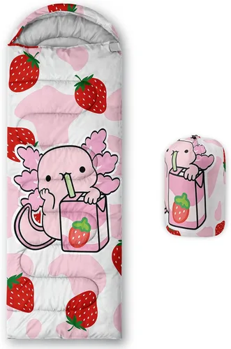 Vista 16 de QOOMO Axolotl - Lindos sacos de dormir para campamento, 3 estaciones, clima cálido y fresco, ligeros, impermeables, para adultos y niños, viajes