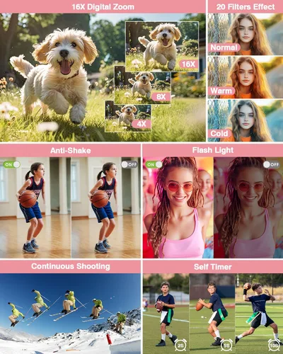 Vista 5 de Cámara digital 4K para fotografía, cámaras duales de 48 megapíxeles para fotografía, cámaras de punto y disparo con zoom digital 16X con tarjeta