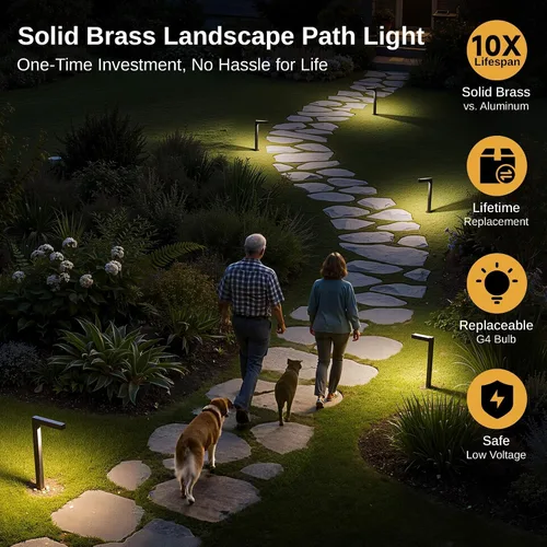 Vista 2 de Gardenreet Luces de camino de paisaje de latón, luces de camino de bajo voltaje de 12 V con cable, luces de jardín al aire libre LED impermeables