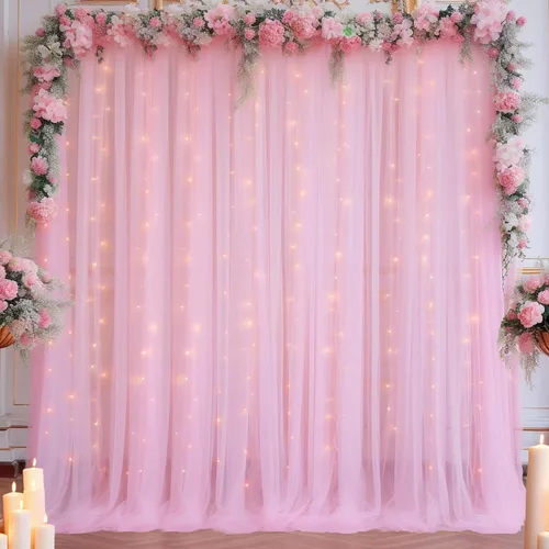 Vista 26 de Cortina de telón de fondo de tul azul bebé de 10 x 8 pies con cadena de luces para fiestas, cortinas de fondo transparentes para bodas, baby shower