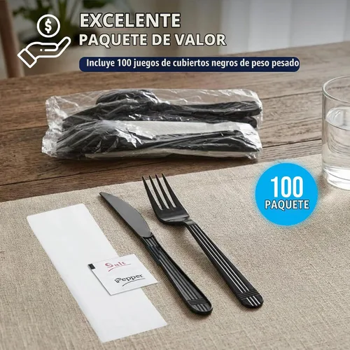 Vista 4 de Party Essentials Juego de utensilios de plástico negro envueltos individualmente/paquetes de cubiertos resistentes