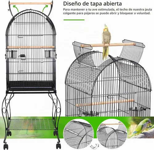 Vista 5 de Yaheetech - Jaula para pájaros de 150 cm, de pie, rodante, de cúpula media, con parte superior abierta, para loros, cacatúas, conuras del sol