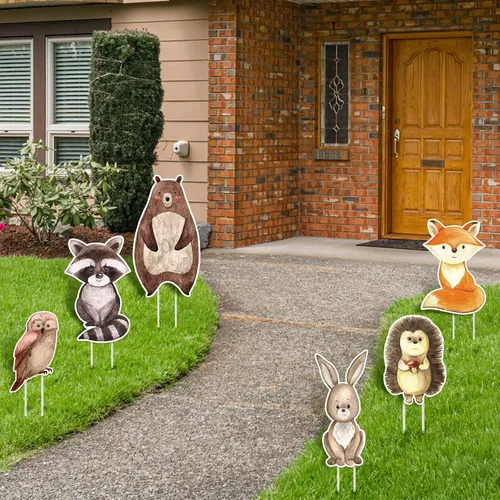 Vista 6 de Fumete 8 carteles de jardín de animales del bosque, para baby shower, género neutro, decoración de bienvenida de bebé con estacas, letreros
