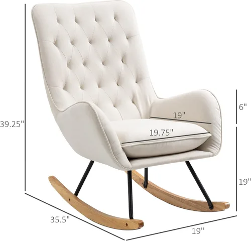 Vista 3 de HOMCOM Mecedora de tela, silla decorativa Mid-Century Wingback, color blanco crema Sillón, acolchonado, balancín, asiento acolchado, base