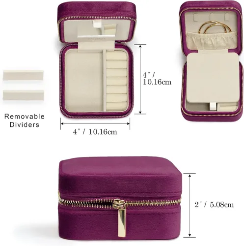 Vista 3 de BLUTETE Joyero de viaje organizador de terciopelo con espejo, anillos, aretes, collares, caja organizadora de almacenamiento (Mulberry)