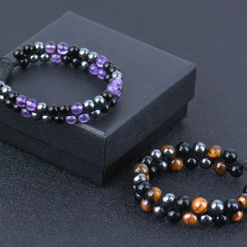 Vista 8 de Paquete de 2 pulseras de triple protección, obsidiana negra y hematita genuina de ojo de tigre y cuentas de hematita para hombres y mujeres, hechas