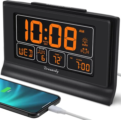 Vista 8 de DreamSky Despertadores para dormitorios con batería de respaldo, reloj digital de ajuste automático con fecha y día de la semana, temperatura