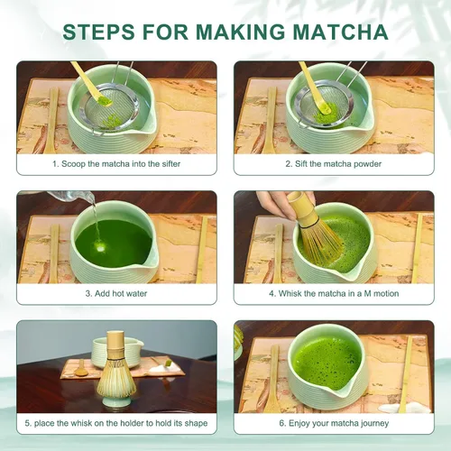 Vista 4 de Juego de batidor de matcha, cuenco de matcha con boquilla, soporte para cepillo de té, tamiz de acero inoxidable, soporte para batidor de matcha