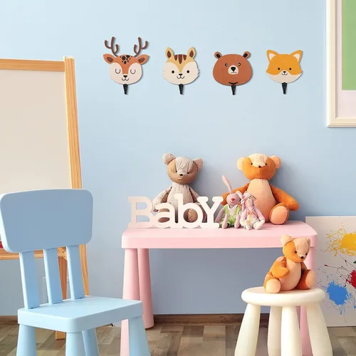 Vista 3 de Tatuo 4 ganchos de pared de animales de madera Safari para niños, ganchos de pared para abrigos, temática de animales de selva, decoración