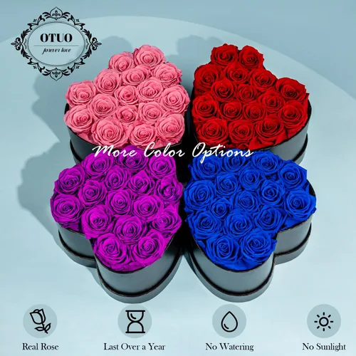 Vista 3 de 16 rosas preservadas en caja en forma de corazón, flores para entrega Prime que duran hasta 2 años, flores reales eternas para esposa, novia, madre