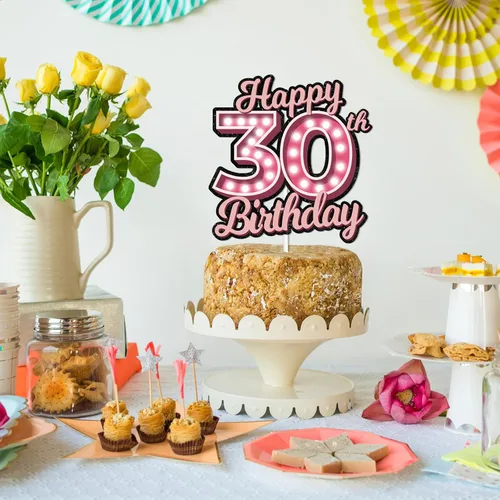 Vista 7 de Decoración para pastel de cumpleaños 30 con purpurina rosa Let's Glow Crazy Party Theme Decor Supplies Men Women Happy Birthday 30 Anniversary Party