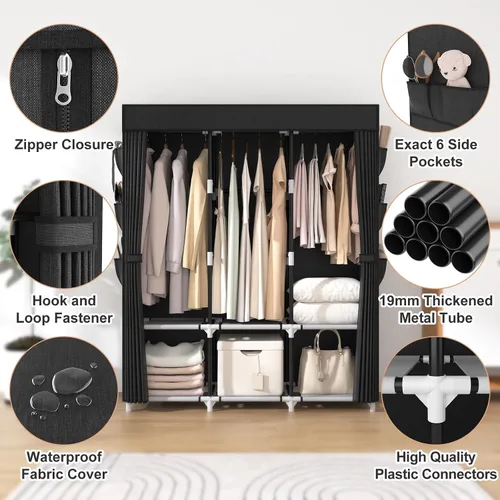 Vista 5 de VTRIN Armario portátil para colgar ropa con cubierta, 3 varillas colgantes, 6 estantes de almacenamiento y bolsillo lateral, Tubo de metal