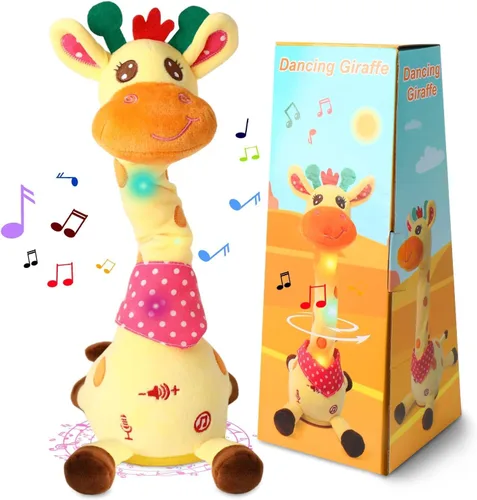 Vista 13 de Jirafa que habla bailando con cuernos dorados, juguete de peluche para bebé que repite lo que dices, juguete musical con cuernos dorados, regalos