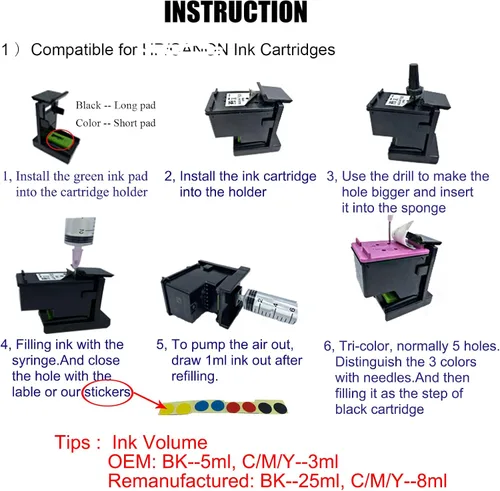 Vista 4 de Kit de recarga de tinta negra de 5 botellas compatible con cartuchos de tinta 68XL 67XL 65XL 64XL 63XL 62XL 61XL 60XL 664XL 662XL 21XL 56XL 901XL
